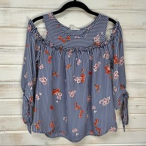Sienna Sky blue and white striped floral off the shoulder float top - Size S